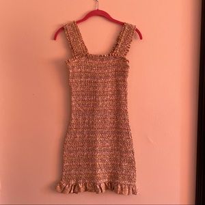 Lilyful Smocked Ruffle Floral Beige White Bodycon Dress Stretchy Thick Straps